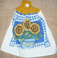 1 Crochet Top Hanging Kitchen Towel Flowers Sunflowers in Blue Pot, Single gold