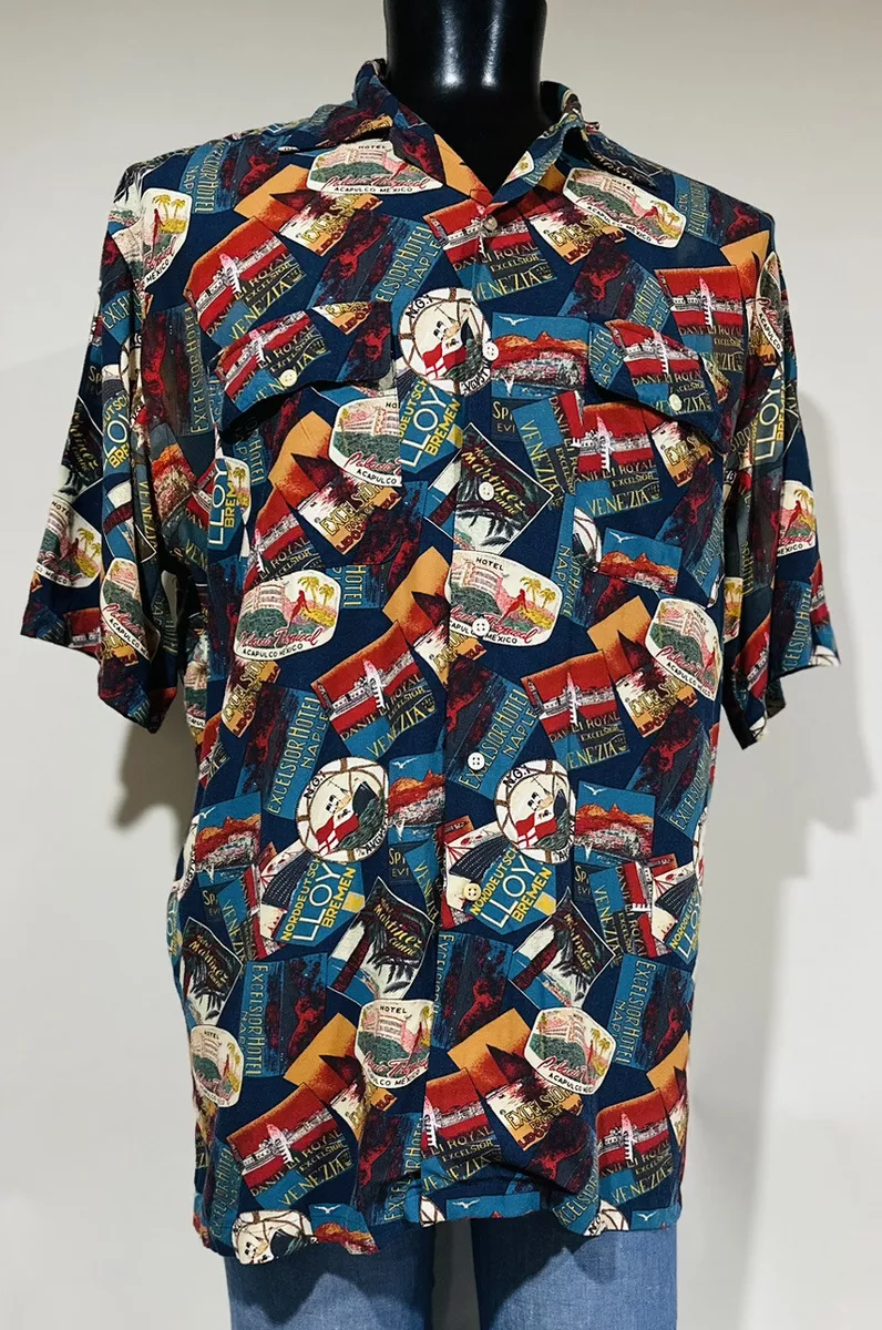 Vtg 90s Polo Ralph Lauren Hawaiian Travel Postcard Hotels Men's Rayon Shirt  L