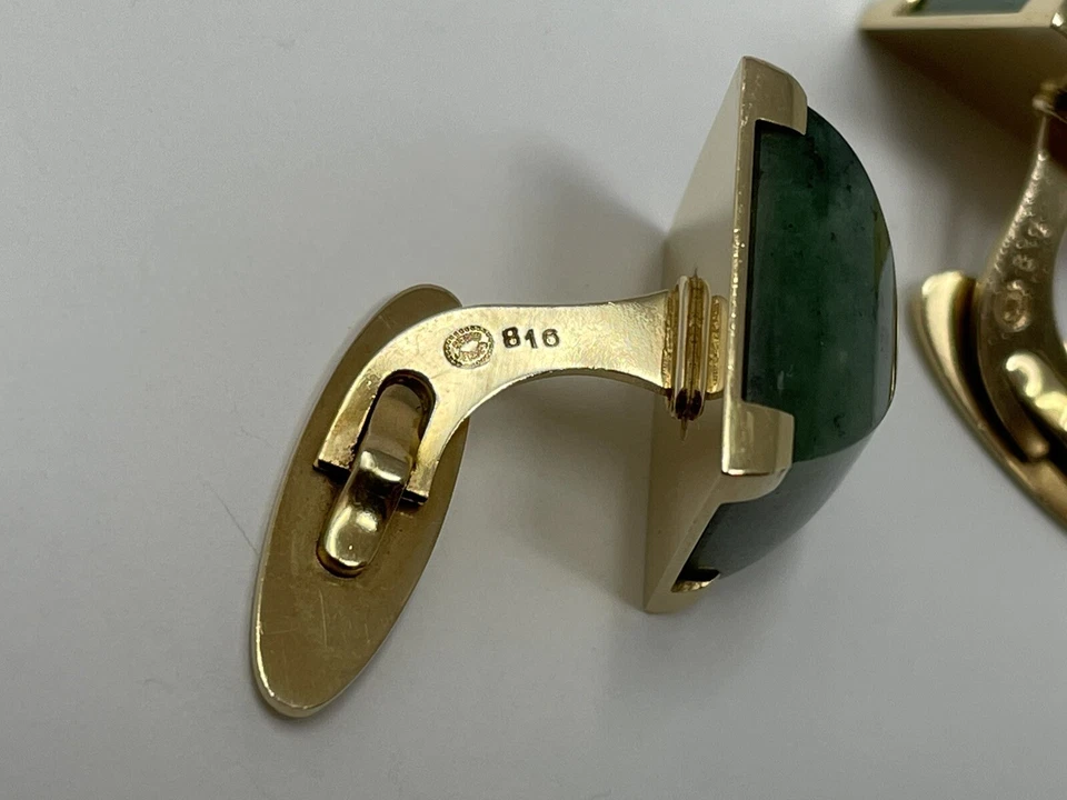 Gemelos cuadrados vintage raros GEORG JENSEN ORO 18K y jade moteado #816 Foto 3 de 4