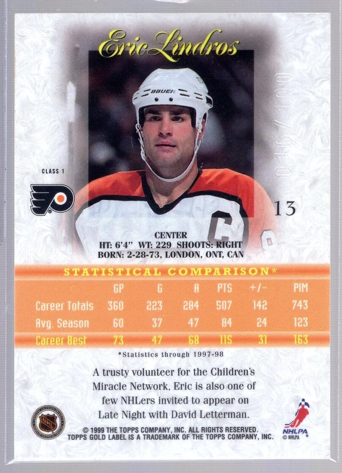 1998-99 Topps Gold Label Class 1 Red #13 Eric Lindros 016/100 - Image 2 of 2
