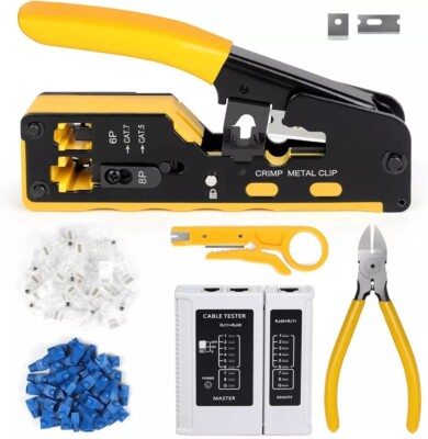 RJ45 Crimping Tool Kit Ethernet Pass Through Crimper Network Cat5 Cat6 Cat7
