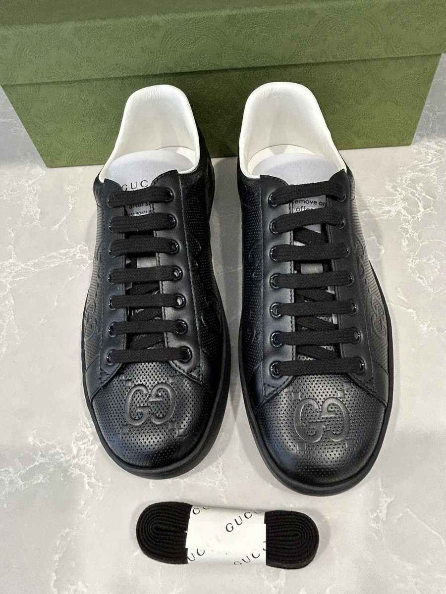 NEW GUCCI ACE MEN'S BLACK LEATHER LOGO EMBOSSED SNEAKERS