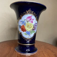 Antique Large Meissen Porcelain Hand-painted Cobalt  Blue Trumpet Vase - EXC