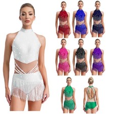 Women Dance Dress Glitter Sleeveless Dance Leotard Fringe Foxtrot Practice Skirt