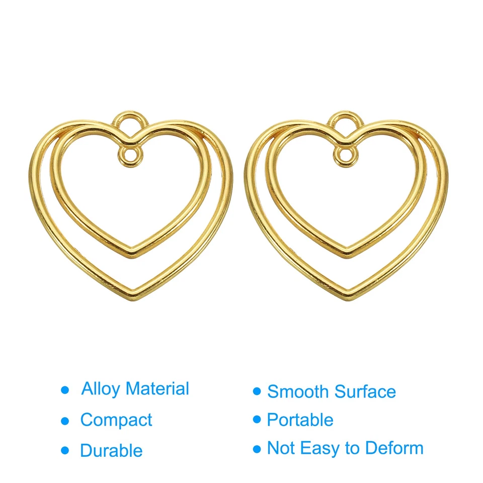 20Pcs Double-Heart Shape Alloy Open Back Bezel Pendants Resin Frame Gold Tone Foto 4 de 4