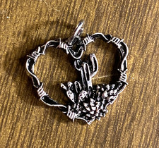 Silver tone Heart Barbed Wire w Cactus Southwest Pendant Jewelry 3/4"