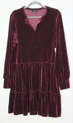 1.STATE Velvet Dress Women's Size XL Burgundy Knee Length Dark Romantic Tiered