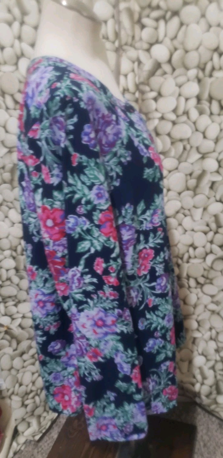 D&C Top Womens Size XL Floral Long Sleeve Button Up Navy Pink Purple Green 