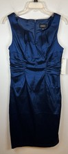ADRIANNA PAPELL Blue Shimmer Sheath Dress 8 Ruched Split Neck Party Cocktail NEW