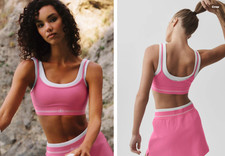 alo yoga AIRBRUSH BETTER TOGETHER BRA in Paradise Pink w/Wh.,NWT,XS orig$88