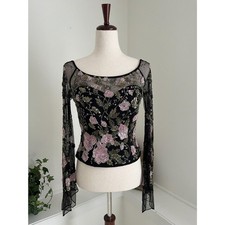 VTG Y2K Beaded Sweetheart Corset with Pink Roses and Fairy Sleeves Sz 6