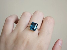 12x10 Emerald Cut London Blue Topaz Solitaire Ring, London Blue Topaz Cocktail