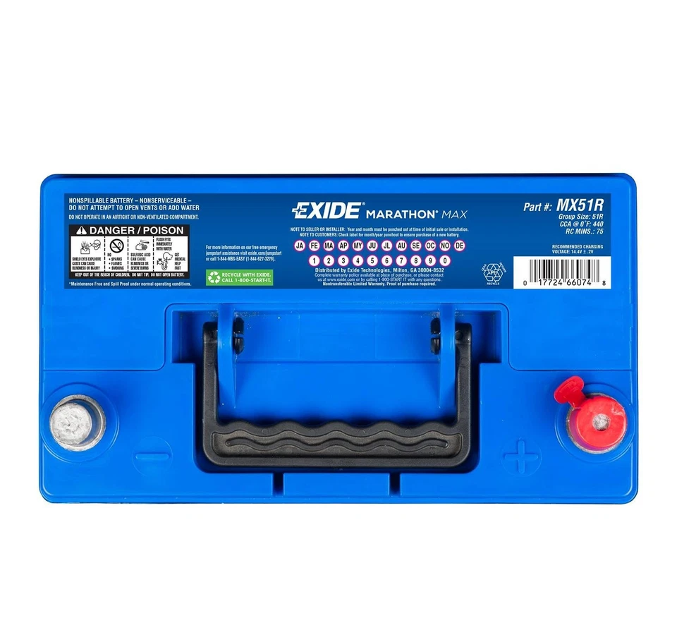 EXIDE MX51R Marathon Max AGM Coche Camión SUV Batería BCI Grupo 51R; CCA 435; RC 75 Foto 2 de 2