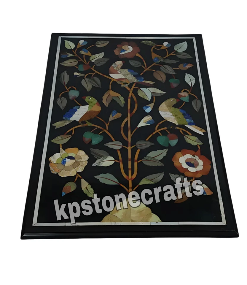 Rectangle Black Marble Table Top | Malachite, Jasper & Multi-Color Pearl Inlay - Image 2 of 4