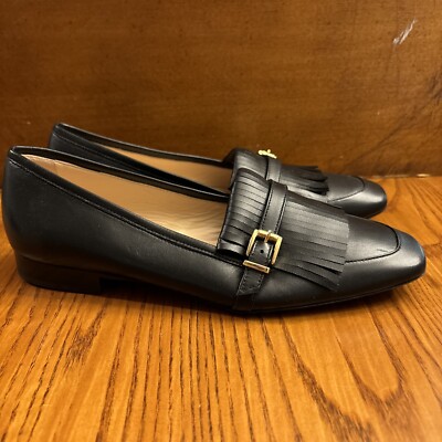 Tuckernuck Ladies Size 8 Black Leather Fringe Gold Buckle Loafer | eBay