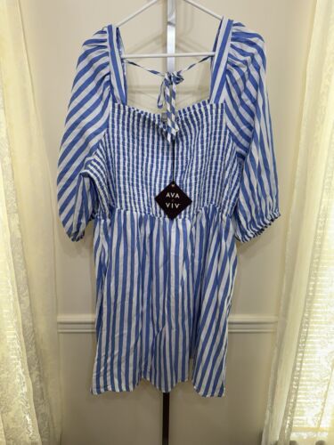 AVA & VIV SIZE 2X BLUE & WHITE STRIPE SMOCKED COTTON DRESS W/POCKETS