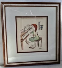 Vintage Folky Girl At Piano Red Hair Green Dress by Rivka Framed under Glass 