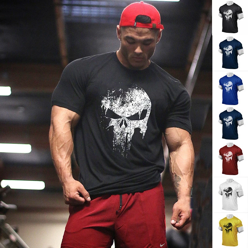 Skull print Sport t Shirt Gym Crossfit Men Muscle Short sleeved Fitness  T-Shirts