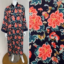 Natori Vintage Navy Kimono Robe Women s Small Floral Front Zip Pockets Long