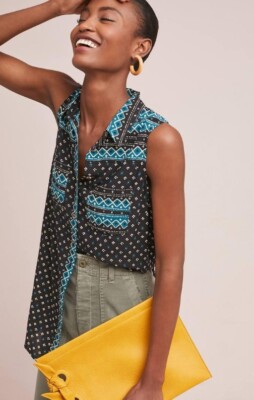 Akemi + Kin Ira Printed Tunic Top Size Small Black Teal Foulard Anthropologie