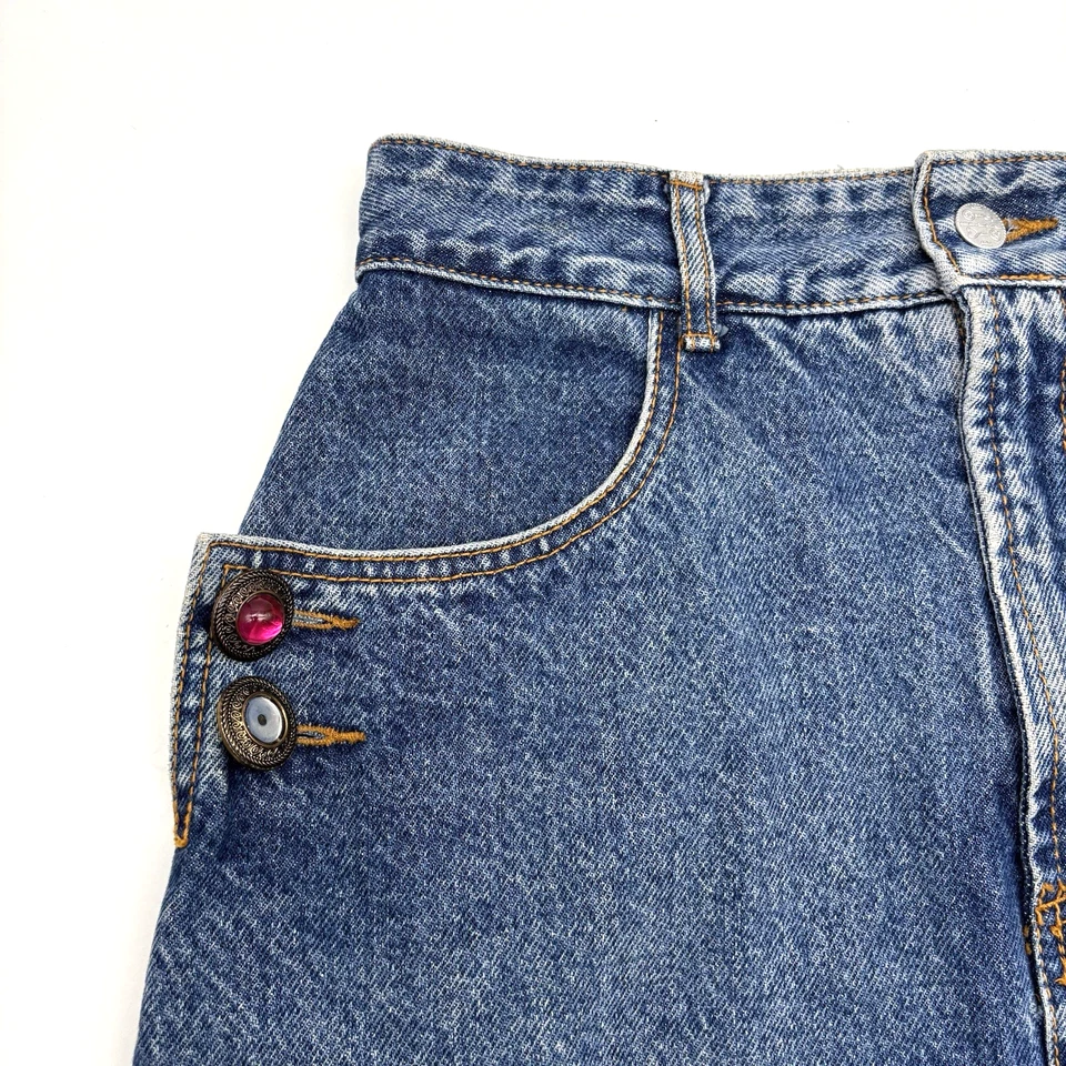 Minifalda vaquera vintage años 80 BONGO lavado medio cintura alta joya botón 27x16" Foto 3 de 4