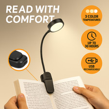 Rechargeable LED Book Light Clip On  3 Colors, Dimmable, USB, Eye Care Lamp, Bed
