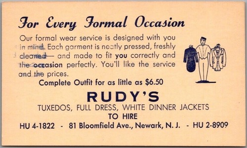 Vintage NEWARK, New Jersey Advertising Postcard RUDY'S FORMAL WEAR Tuxedo Rental - 第 1/2 張圖片