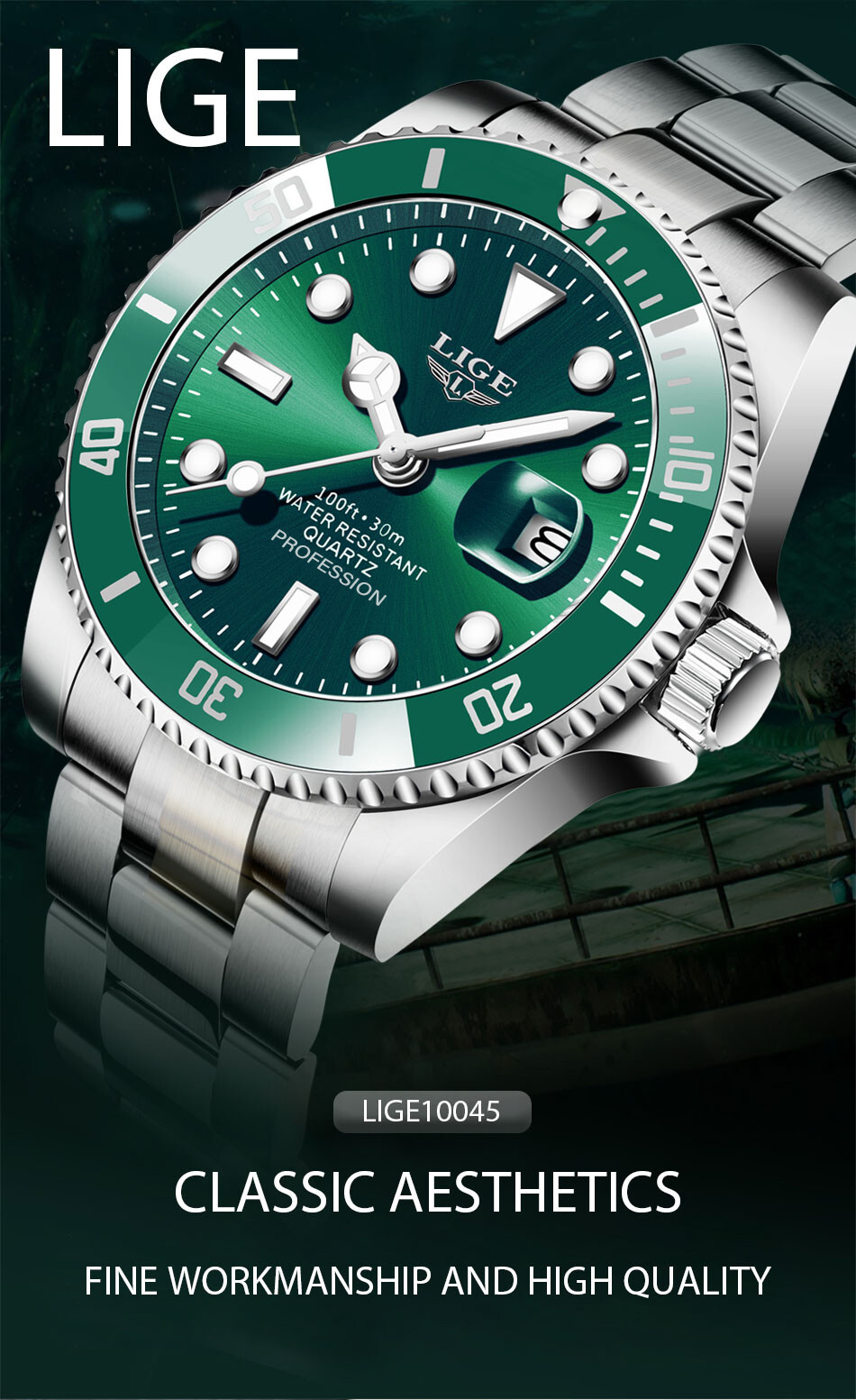 Montre Lige à Quartz pour Homme avec affichage de la date et lunette verte