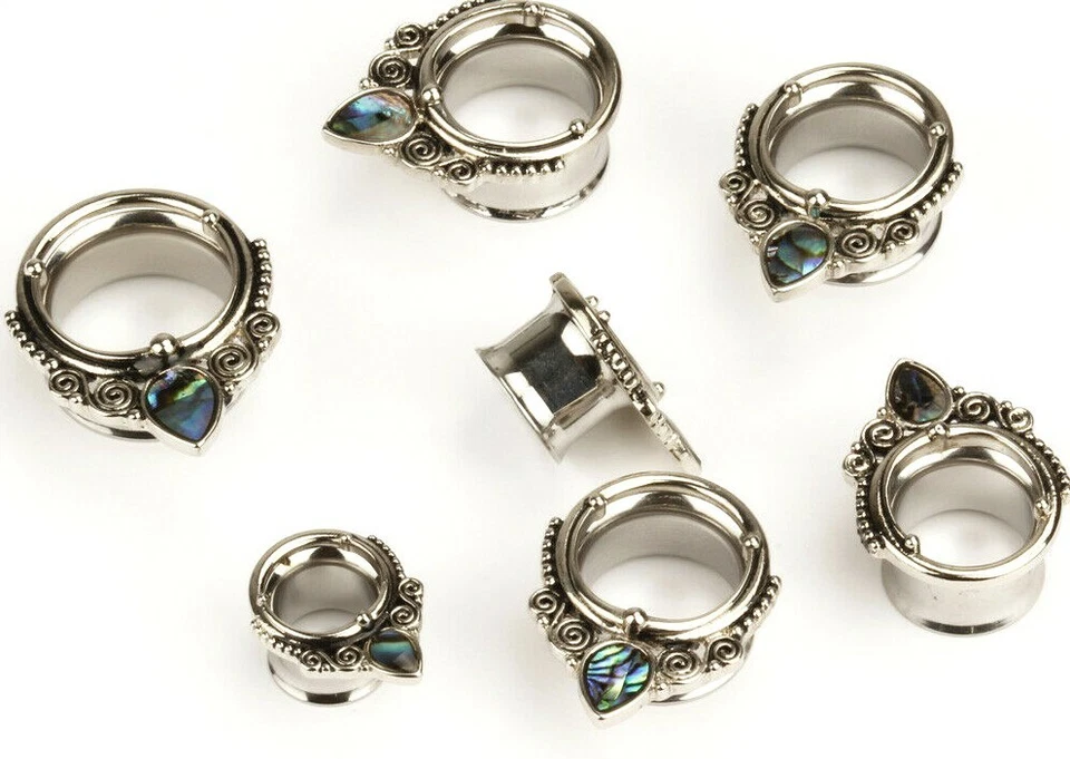 1x Abalone Shell Teardrop Silver Opal Steel Earring Tunnel Double Flare Ear Plug - Image 3 of 4