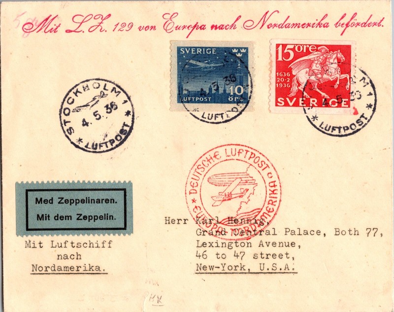 1936 Sweden Stockholm Graf Zeppelin LZ 127 NAF FLIGHT Cover to USA NY