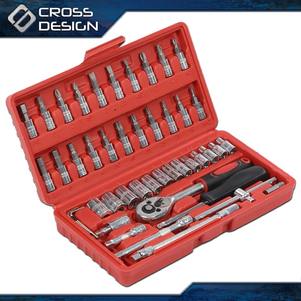 46Pcs Auto Car Repair Tool 1/4" Ratchet Wrench Combination Socket Tool Kit w/Box - Image 2 of 4