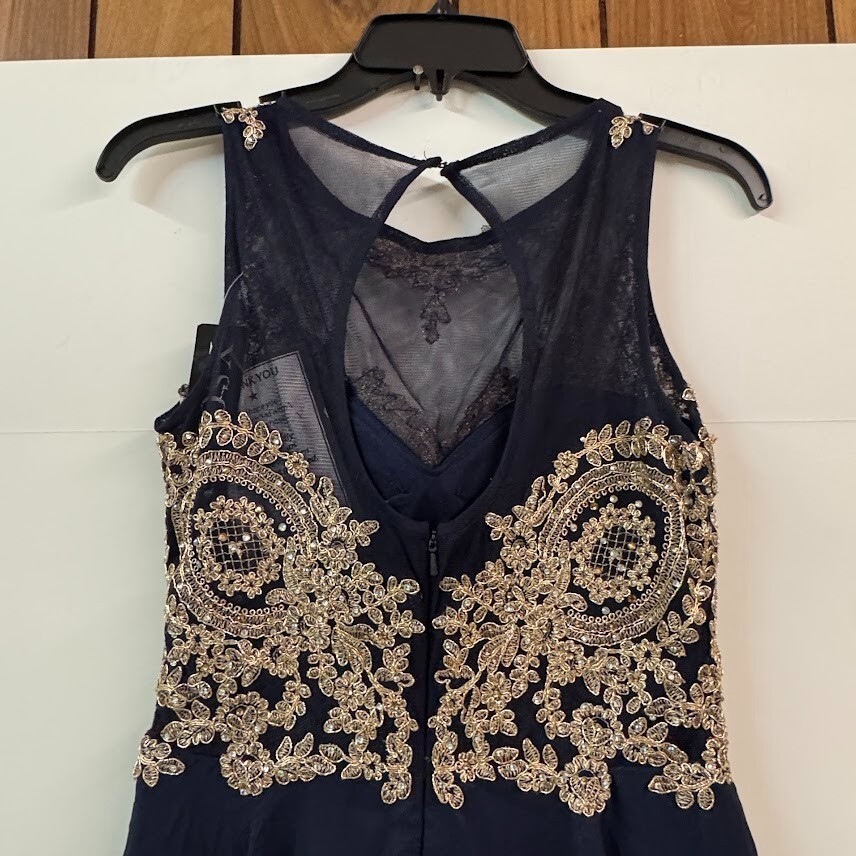 xscape navy and gold dress Xscape Petite One-Shoulder Applique Ball Gown - Blue Gold main image 0