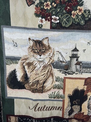 Vintage Goodwin Weavers Tapestry Fringe Cat 4 Season Throw Blanket