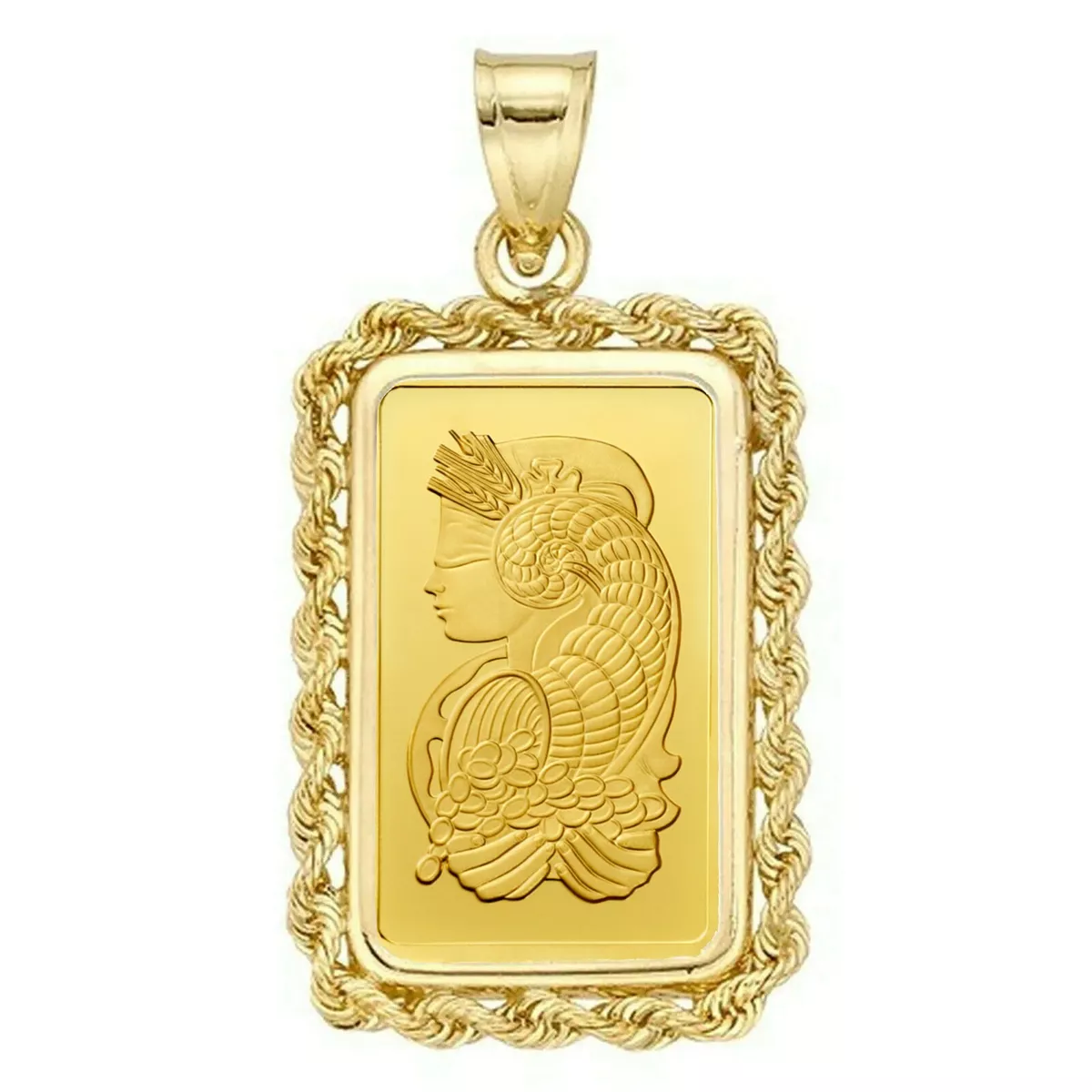 2.5 Gram Pamp Suisse .999 Lady Fortuna Bar Pendant 22MMX13MM Encased in 14k Gold