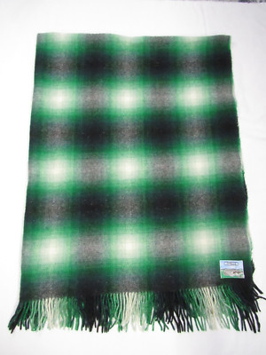 Vintage Foxford Ireland Wool Throw Blanket Fringe Plaid 62x78  Green White Black