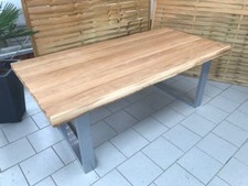 Esstisch Wildeiche Massiv Baumkantentisch 180x100cm Metallfüße U-Gestell Silber