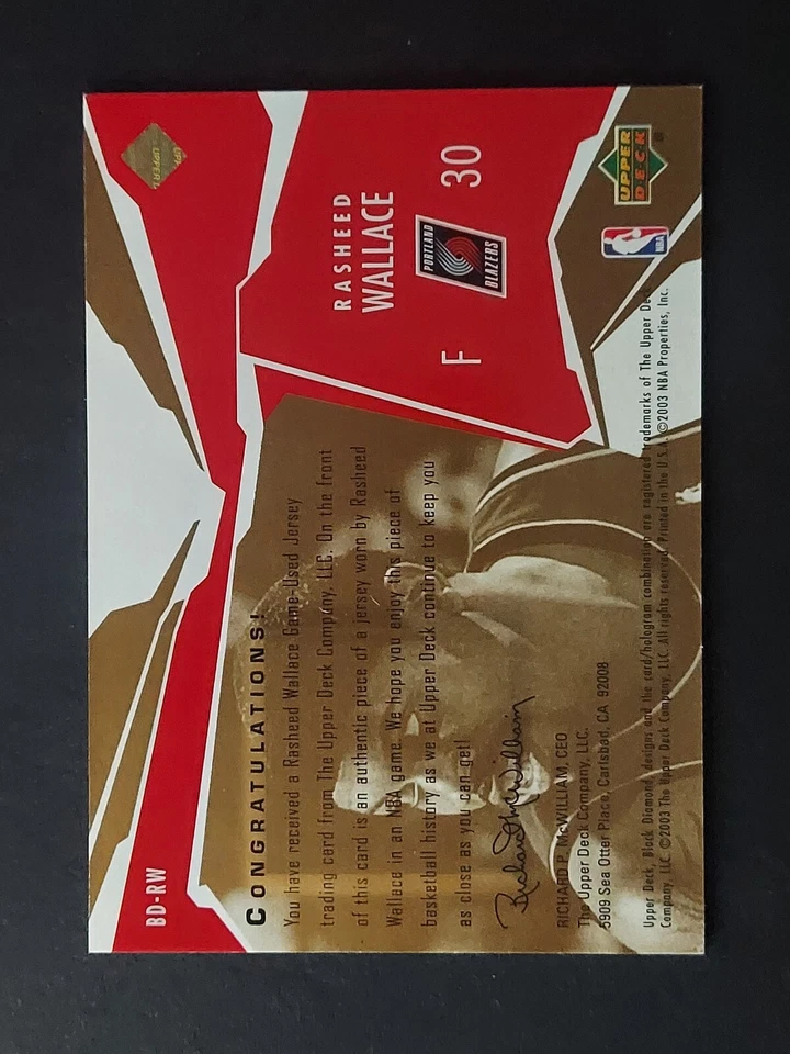 2003-04 Upper Deck Black Diamond Jersey Rasheed Wallace Gold /100 BLAZERS 🔥 - Image 2 of 2