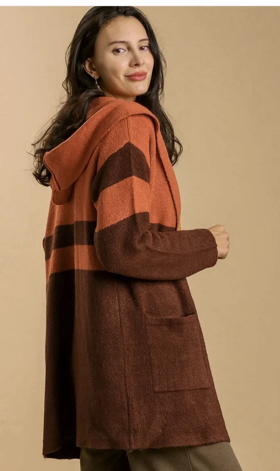 Umgee 女式橙色和棕色开衫丙烯酸带帽全新带标签中号 — 第 2/4 张图片