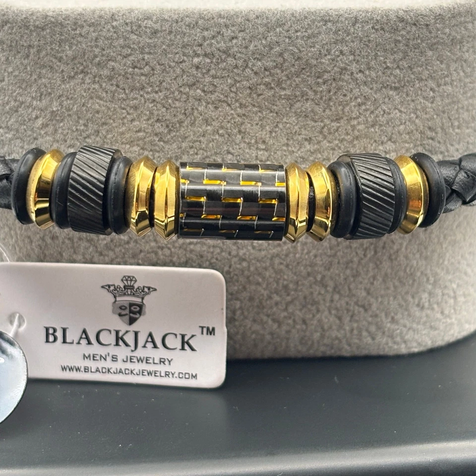 Blackjack BJB210G Mens Black Leather Gold Plated Steel Carbon Fiber Bracelet NWT - Image 3 of 4