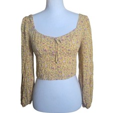Ditsy Floral Coquette Long Sleeve Smocked Crop Top Boho Peasant Medium Yellow