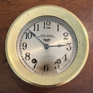 EARLY SETH THOMAS BRASS 1920’s SEVEN JEWELED EIGHT DAY SHIPS BELL CLOCK WORKING