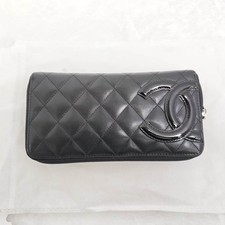 AUTH CHANEL Black Quilted Lambskin Patent CC Logo Zip Around Long Wallet
