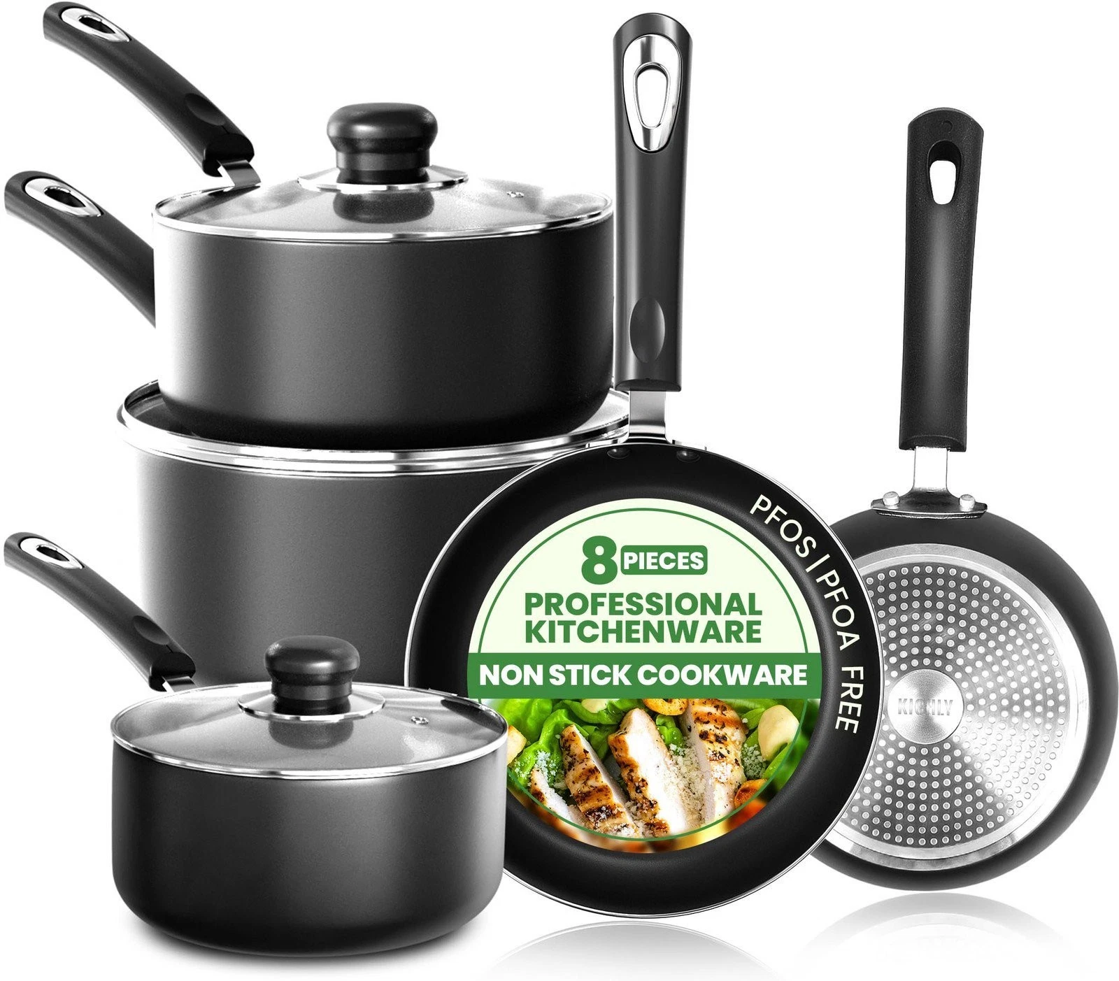 KICHLY 8 Piece Pots and Pans Set, Non Stick Kitchen Cookware Set with 20cm &...