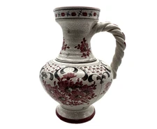 Vintage Ceramic Pottery Pitcher Vase With Crackle Glaze & Twisted Handle Floral