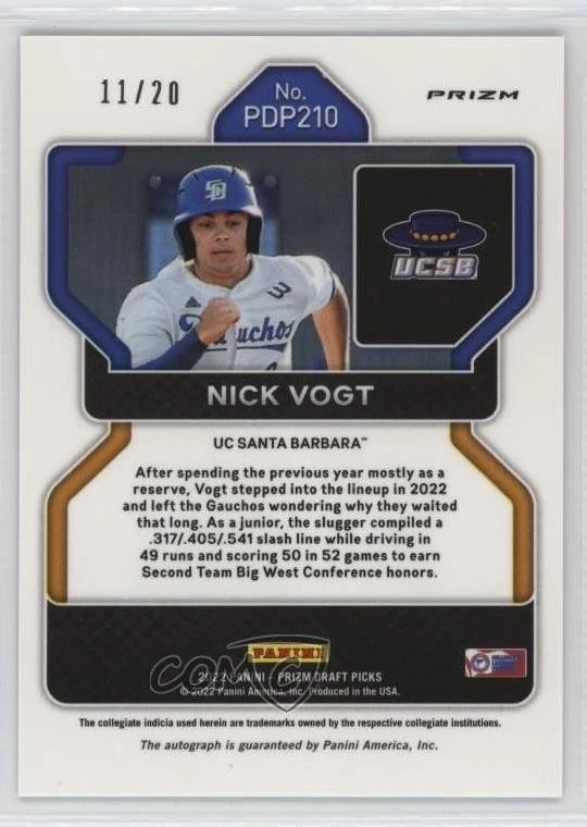 2022 Panini Prizm Draft Picks Neon Orange Prizm Auto /20 Nick Vogt #PDP210 Auto - Image 2 of 2