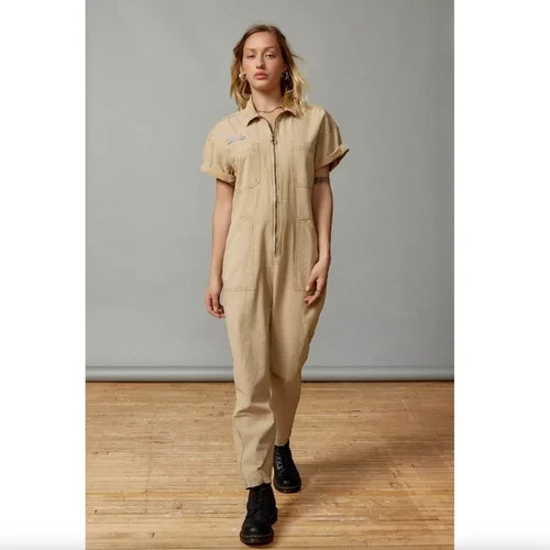 BDG Renee Coverall Jumpsuit Urban Outfitters Tan Zip Pocket Wide Leg M NWT
