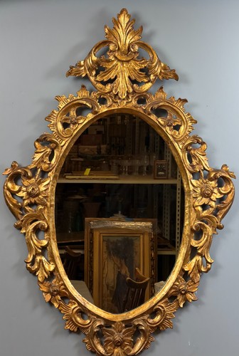 Vintage Gold Gilt Oval Mirror, Ornate Rococo Floral Carved Frame