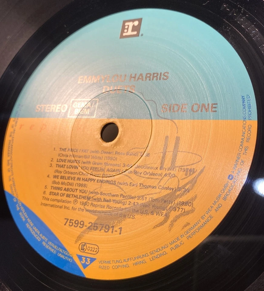 EMMYLOU HARRIS - DUETS LP N MINT VINYL Rare Original 1990 Promo Album Neil Young - Image 3 of 4