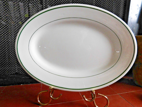 Vtg Buffalo China Restaurant Ware Green Trim 13"x 9" Oval Platter Set of 2 - Picture 3 of 11