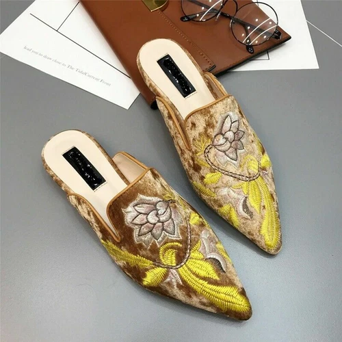 Womens Floral Embroider Flat Heel Pointy Toe Slippers Shoes Chic Mules Slides - Bild 15 von 19